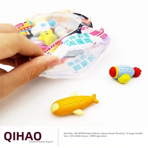 Detail of creative astronaut space eraser set in clear zipper pouch packaging