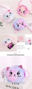 Detailed view of plush cat crossbody bags in pink blue and purple with size dimensions