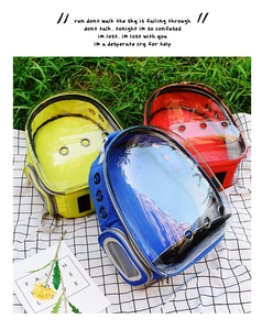 Detail showing colorful pet carrier backpacks with panorama windows on a picnic mat