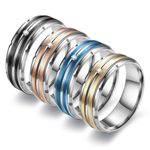 Men Stainless Steel Band Ring Brushed Two Tone Zircon Inlaid Wedding Engagement Jewelry For Couples