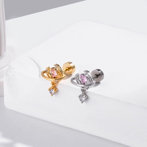Pink heart planet screw back earrings with sparkling zircon teardrop in gold and silver