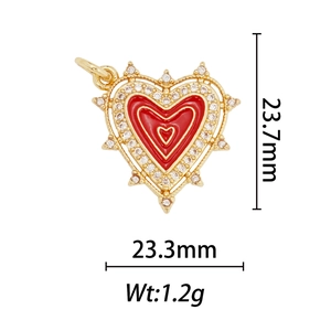 Pendentif cœur rouge avec cristaux montrant les dimensions 23,7mm sur 23,3mm pour bijoux
