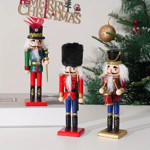 Close-up of three 20cm wooden nutcracker soldiers set in a festive Christmas scene