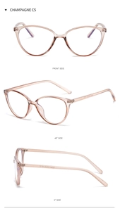 Three views of champagne cat-eye acetate glasses frames with 53-20-140 sizing details