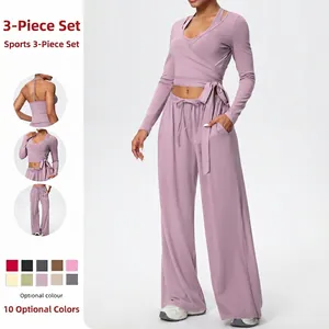 Ensemble de Yoga pour Femmes Avec Top Enveloppant à Manches Longues Soutien Gorge de Sport Et Pantalon Large à Taille Haute Couleur Unie Vêtements Athleisure