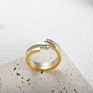 Modern Stainless Steel Rhinestone Encrusted Dual Color Open Ring For Women Minimalist Geometric Multi Layer Finger Jewelry Gift