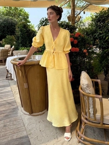 Cotton V Neck Puff Sleeve Tie Front Ruffle Top And High Waist Maxi Skirt Vacation Casual Elegant Women Apparel
