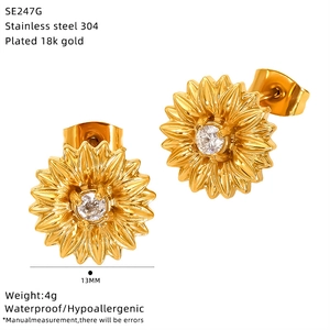 Detail view of 18k gold plated sunflower earrings with size and material specifications