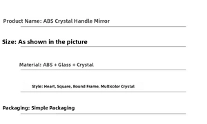 Detailed specifications of crystal diamond handle mirrors in heart, square, and round shapes