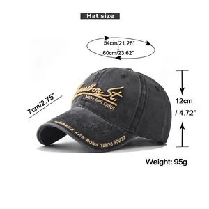 Size guide for washed cotton baseball cap with embroidered New Orleans text and dimensions
