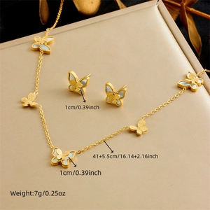 Detailed size and weight specs for gold butterfly necklace and earrings set with white inlay