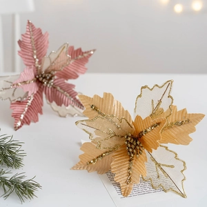 Fiori di stelle di Natale da 25cm rosa e champagne con glitter e paillettes oro