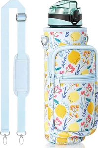 Detail of blue SBR insulated bottle sleeve with lemon print and adjustable shoulder strap