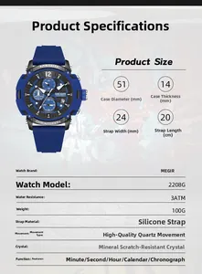 Spécifications de taille pour montre sport Megir avec cadran de 51mm et bracelet bleu