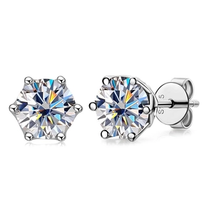 Macro view of S925 sterling silver stamp on classic six-prong moissanite stud earring