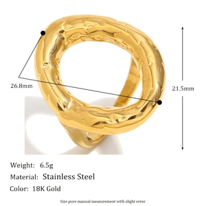 Irregular 18K gold plated stainless steel hammered ring with dimension details