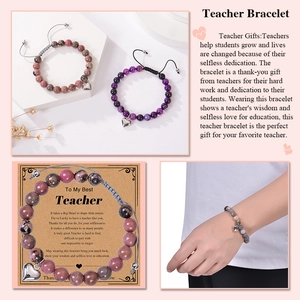 Pink Zebra Stone teacher bracelet with heart charm and sentimental gift packaging card