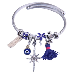 Adjustable Stainless Steel Wire Bangle With Evil Eye Alloy Rhinestone Star Charms And Cotton Tassel Bohemian Jewelry