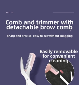 Detail of pink detachable eyebrow comb on stainless steel scissors for precise grooming