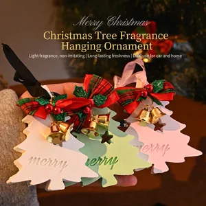 Aroma Plaster Christmas Tree Hanging Ornament Merry Engraved Fragrance Stone With Plaid Bow And Bell For Car Wardrobe