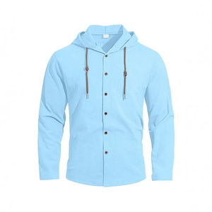 Men's light blue hooded cotton shirt in breathable long sleeve casual loose fit design