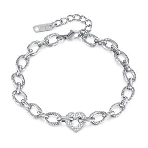 Polished stainless steel chain bracelet with a heart-shaped zircon pendant on white background