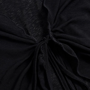 Gros plan sur un tricot noir translucide montrant la texture plissée et les coutures