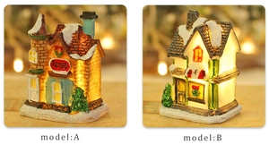 Macro detail of resin Christmas village houses with LED lights and snow glitter