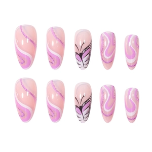 Purple glitter press on nails with white ripple lines and butterfly wing art design