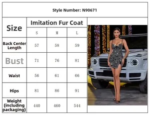Size chart detail for sequined bodycon mini dress with feather trim and mesh panel