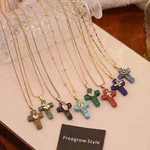 Stainless Steel Natural Stone Cross Pendant Necklace Gold Chain Women Heart Butterfly Zircon Inlaid Elegant Jewelry