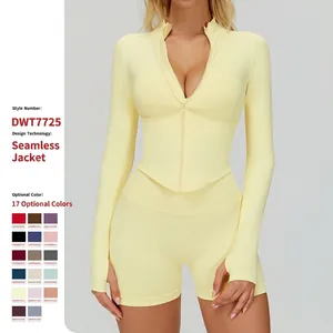 Veste de Yoga Femme à Manches Longues avec Fermeture Éclair et Col Montant Coupe Ajustée Séchage Rapide Haut de Sport