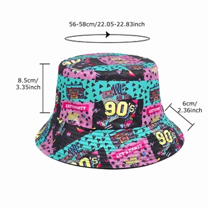 90s vintage double-sided bucket hat with colorful graffiti prints and size measurements