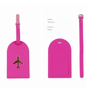 Waterproof rose red PU leather luggage tag with gold airplane and info card