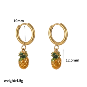 Detail shot of golden pineapple earrings with size specs: 10mm hoop and 12.5mm height