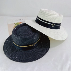 Women Straw Boater Hat Wide Brim Sun Protection Sequin Ribbon Metal Buckle Beach Vacation Summer Adjustable