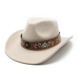 Western Cowboy Hat Wool Blend Felt Wide Brim Retro Ethnic Style With Embroidered Leather Band For Outdoor Travel