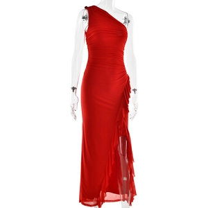 Detail of red one-shoulder evening gown with ruffle trim and side slit for formal events