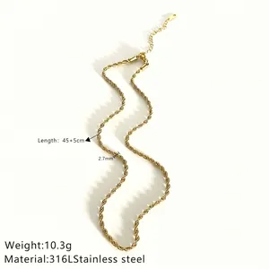 Detail view of 18K gold plated 316L stainless steel rope chain showing specifications