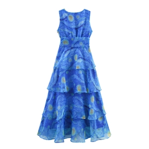 Abito lungo a balze in organza senza maniche con stampa cielo stellato da donna