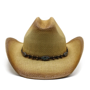Western straw cowboy hat in light brown with bohemian beaded band and turquoise stones