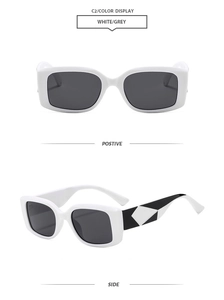 Front and side view of white square frame sunglasses with black and white geometric temples