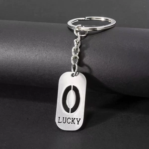 Silver stainless steel rectangular keychain engraved with LUCKY and letter O charm