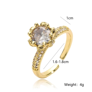 Luxurious gold plated adjustable crown ring with 1cm cubic zirconia and side stones