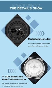 Detail of 5ATM waterproof 304 stainless steel case back and multifunctional digital watch dial
