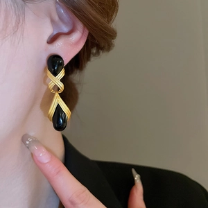 Vintage gold metal and black resin water drop earrings in cross design for women