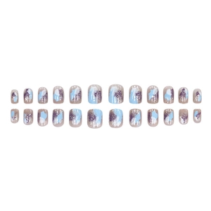 24pcs short square press-on nails with blue marble and purple glitter gradient patterns