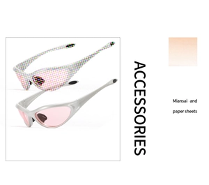 Close-up of pink lenses and silver metallic frames for sporty Y2K aesthetic sunglasses