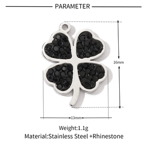 Detailed dimensions of silver clover pendant with black rhinestones and steel base