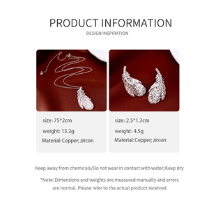 Detailed technical specifications for feather pendant necklace and zircon earrings set